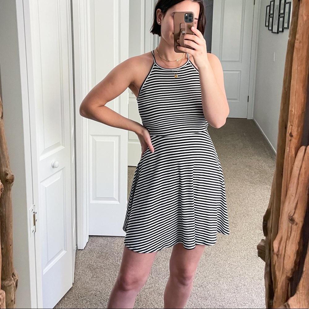 Target black & white striped halter mini dress, S